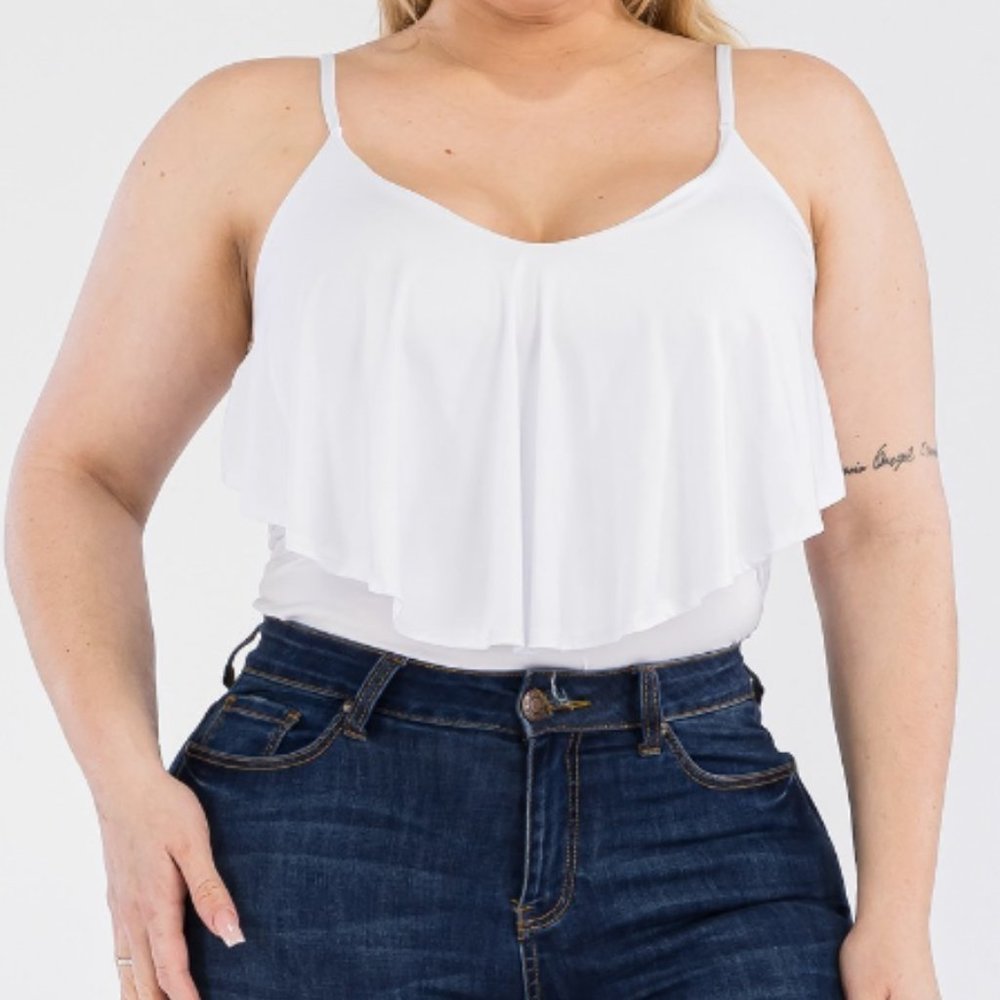 White Ruffle Flounce Tank Top Bodysuit